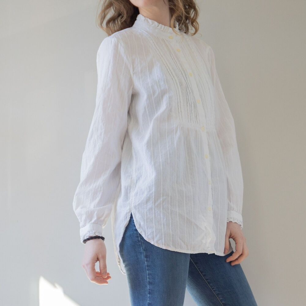 White Button Down High Collar Coquette Regency Cottage Dressy Women's Top - Picture 5 of 9
